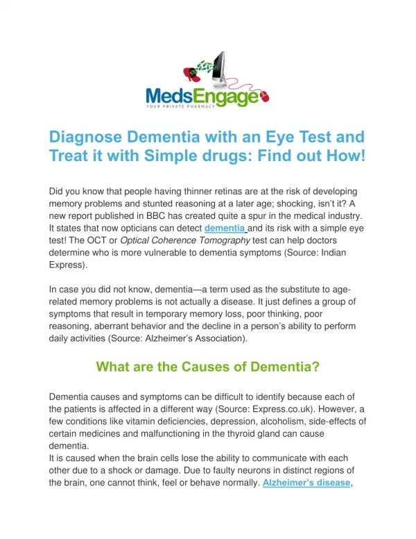 Diagnose Dementia with an Eye Test and Treat it with Simple drugs: Find out How!