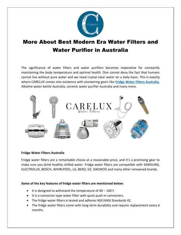 More About Best Modern Era Water Filters and Water Purifier in Australia