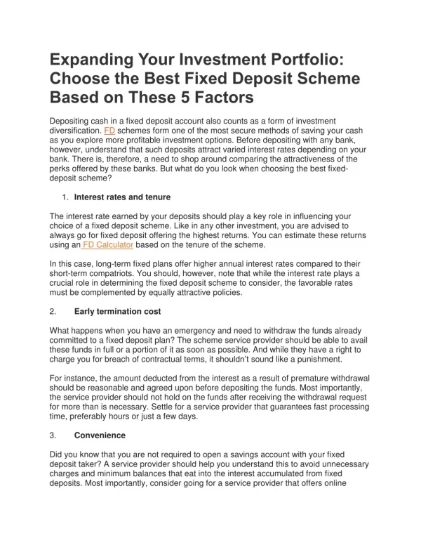 5 factors to be considered for Fixed Deposit scheme
