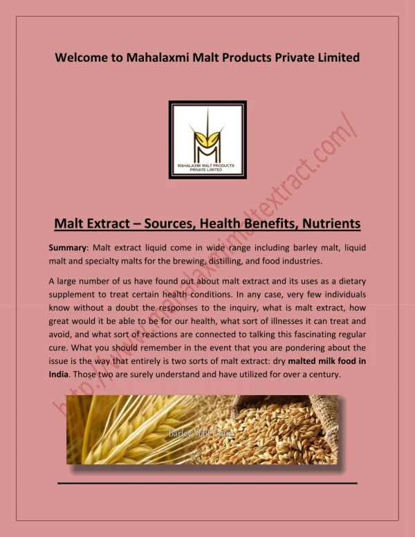 barley malt, Malt extract, malted milk food in India
