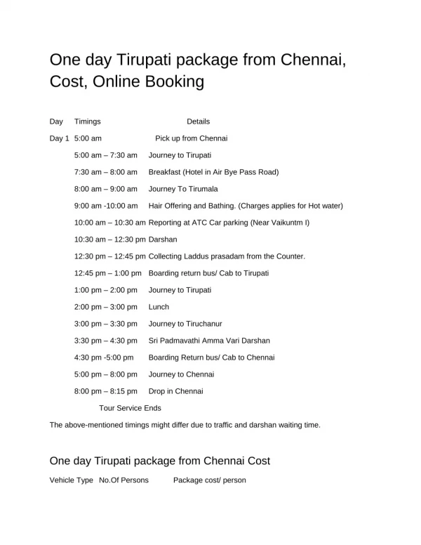 One Day Tirupati Package from Chennai