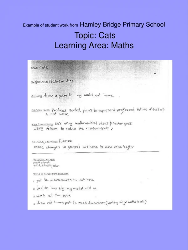 Example of student work from Hamley Bridge Primary School Topic: Cats Learning Area: Maths