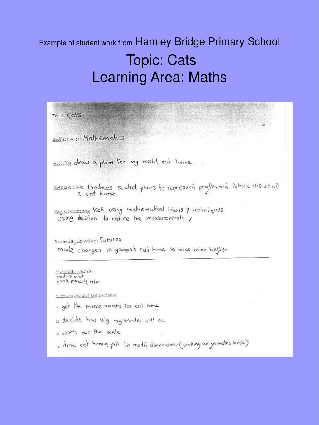 example of student work from hamley bridge primary school topic cats learning area maths