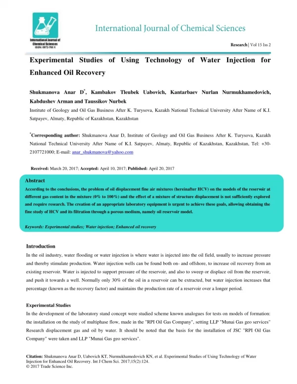 Experimental Studies of Using Technology of Water Injection for Enhanced Oil Recovery