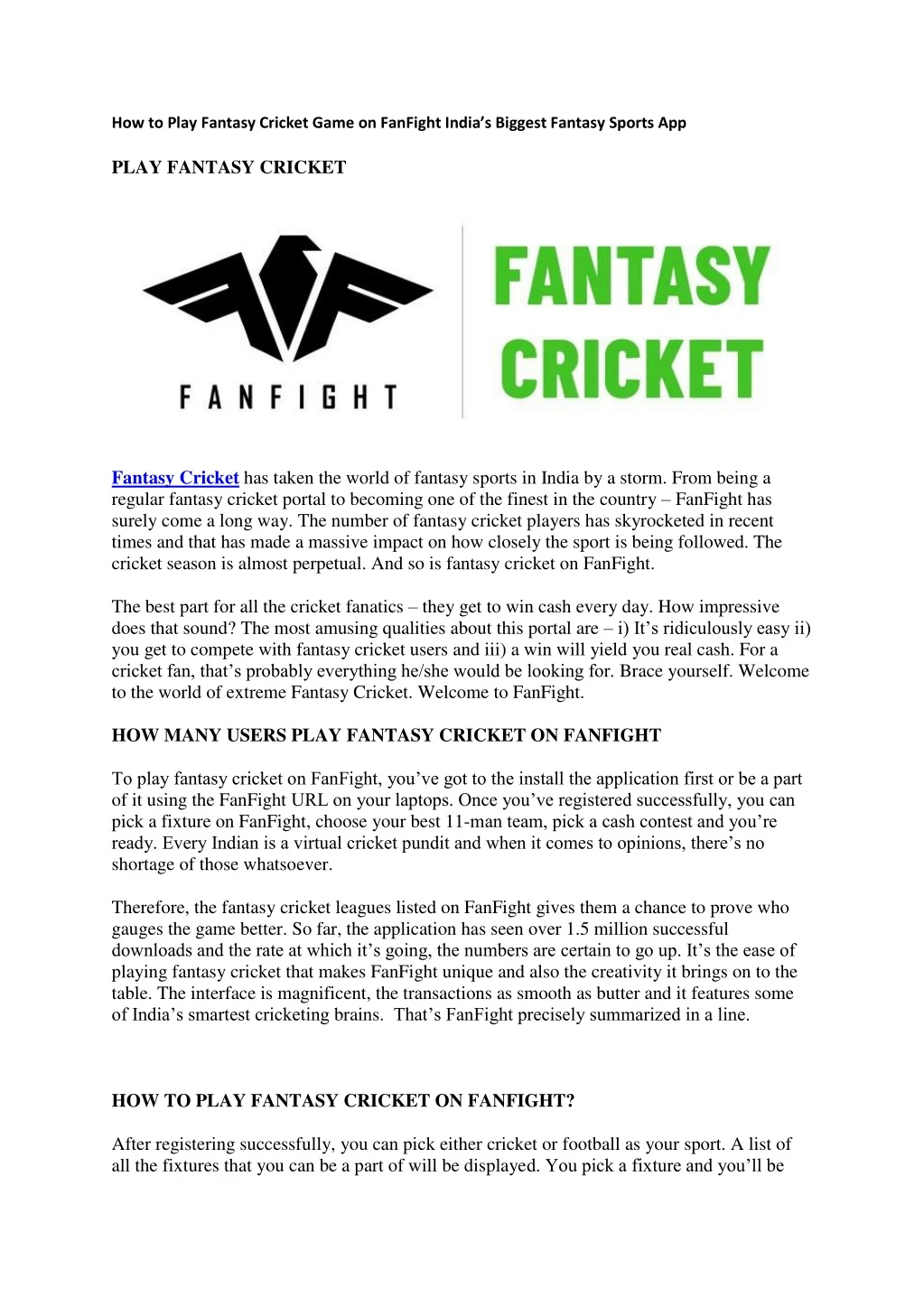 how to play fantasy cricket game on fanfight