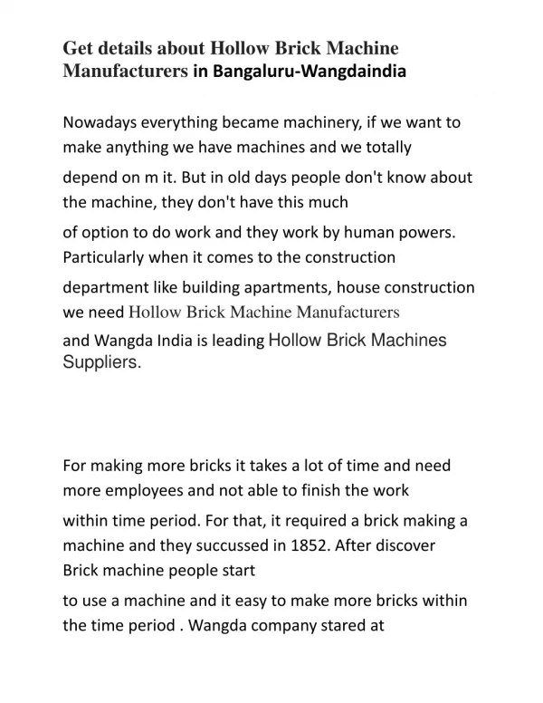 Hollow Brick Machine Manufacturers in Bangaluru-Wangdaindia