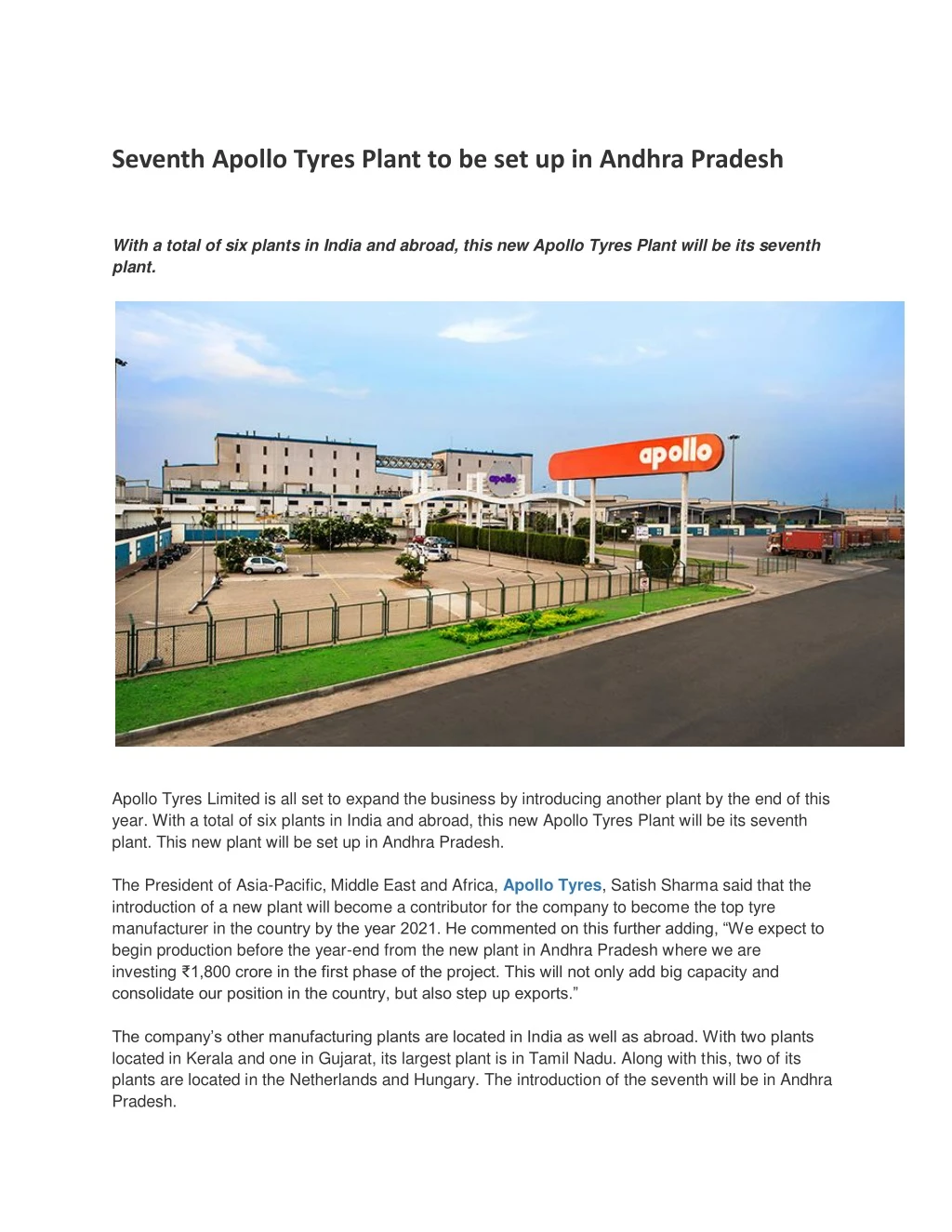 seventh apollo tyres plant to be set up in andhra