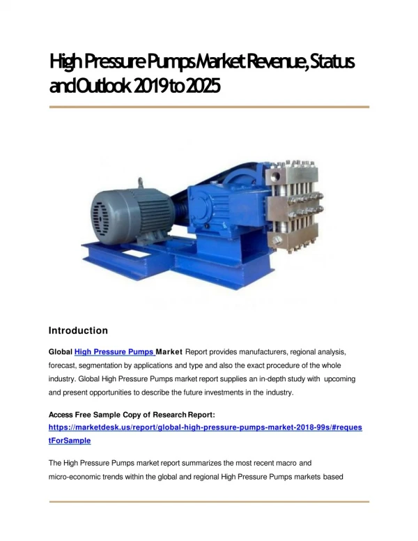 High Pressure Pumps Market Revenue, Status and Outlook 2019 to 2025