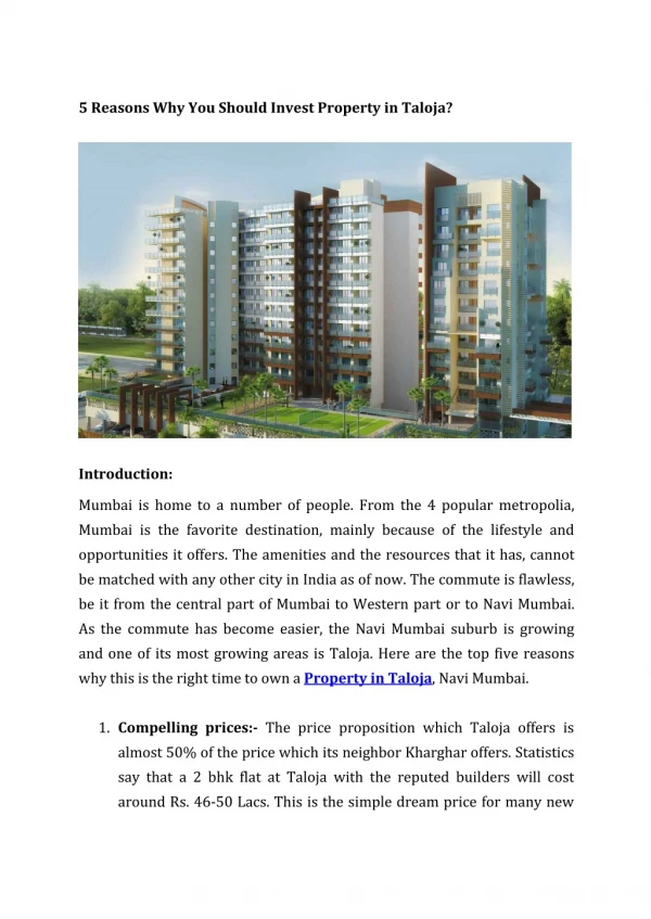 5 Reasons Why You Should Invest Property in Taloja?