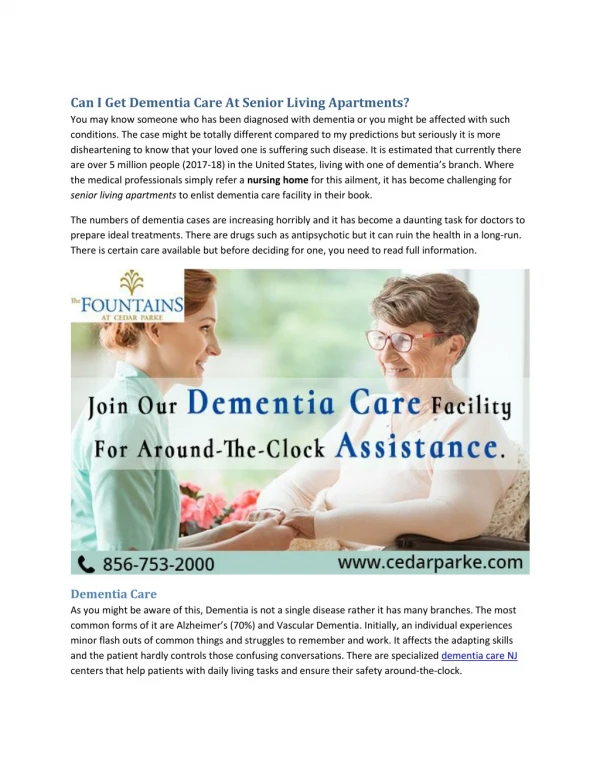 Can I Get Dementia Care At Senior Living Apartments?
