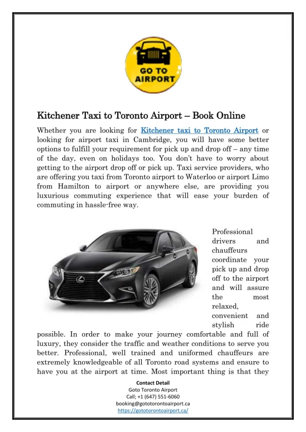 Kitchener Taxi to Toronto Airport – Book Online
