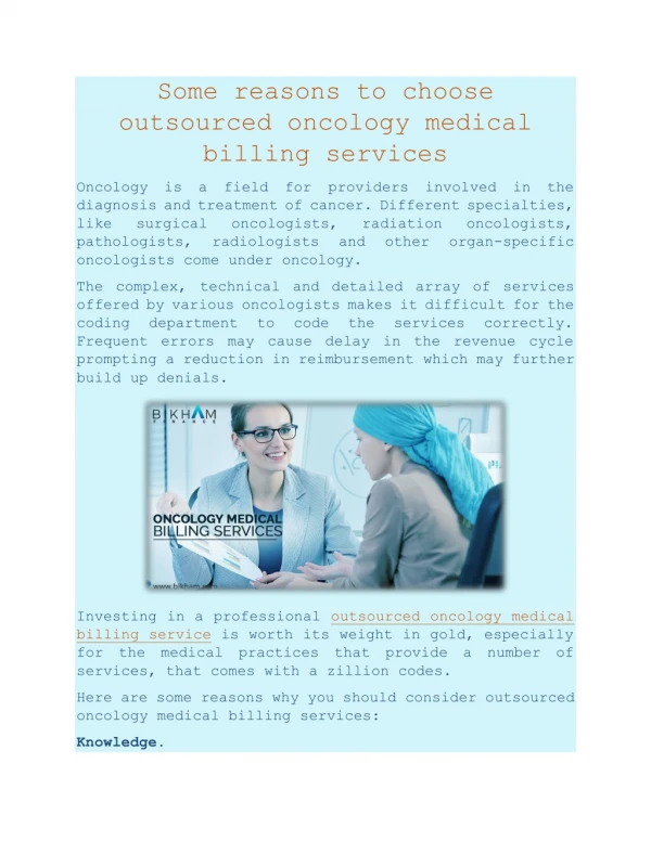 Some reasons to choose outsourced oncology medical billing services
