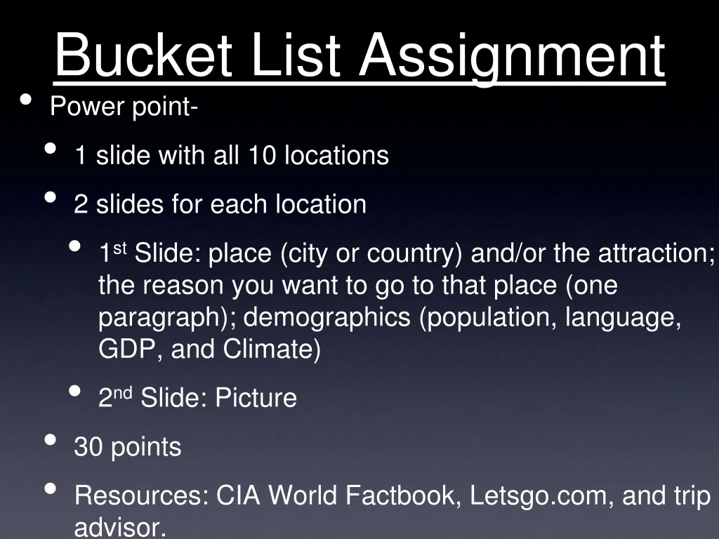 bucket list assignment