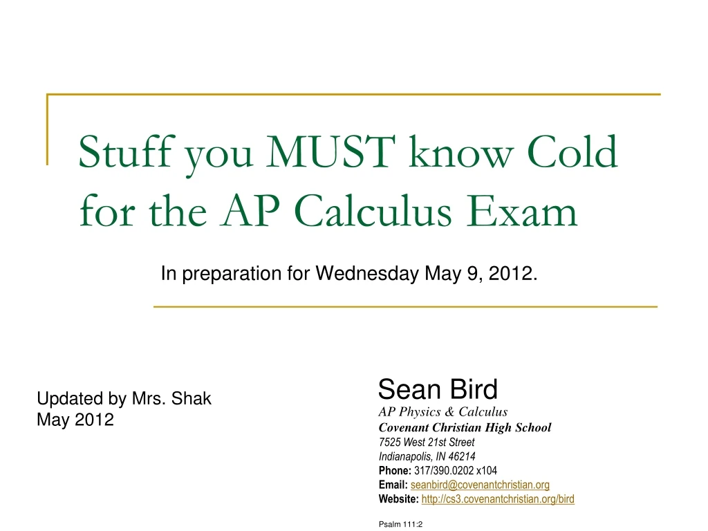 stuff you must know cold for the ap calculus exam