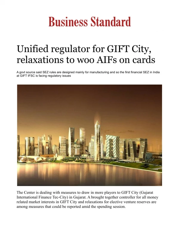 Unified regulator for GIFT City, relaxations to woo AIFs on cards