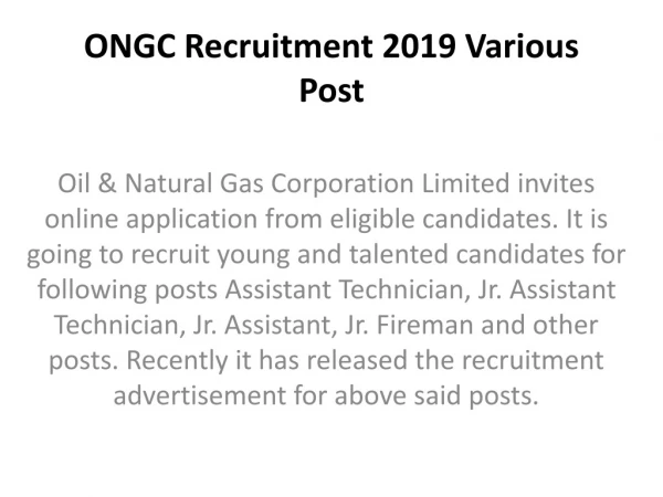 ONGC Recruitment 2019 Various Post