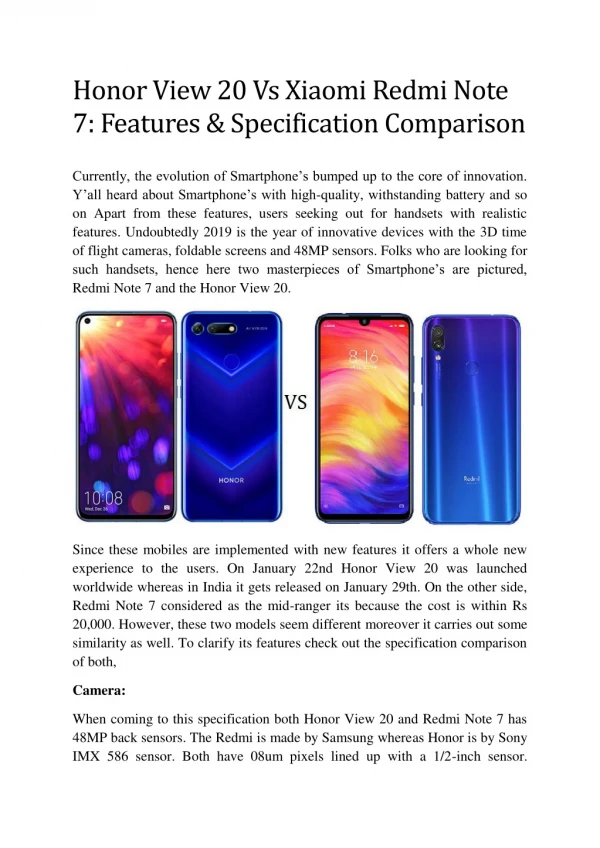 Honor View 20 Vs Xiaomi Redmi Note 7: Features & Specification Comparison