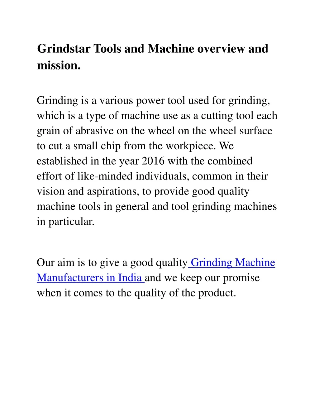grindstar tools and machine overview and mission