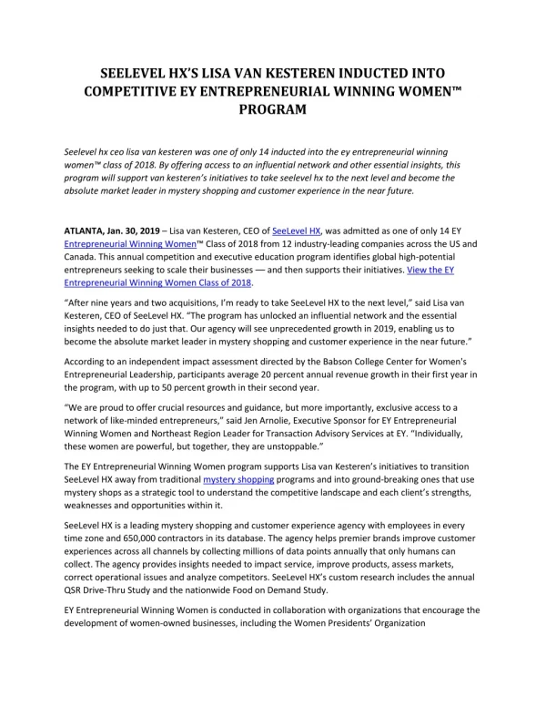 Seelevel HX’S Lisa Van Kesteren Inducted Into Competitive Ey Entrepreneurial Winning Women™ Program