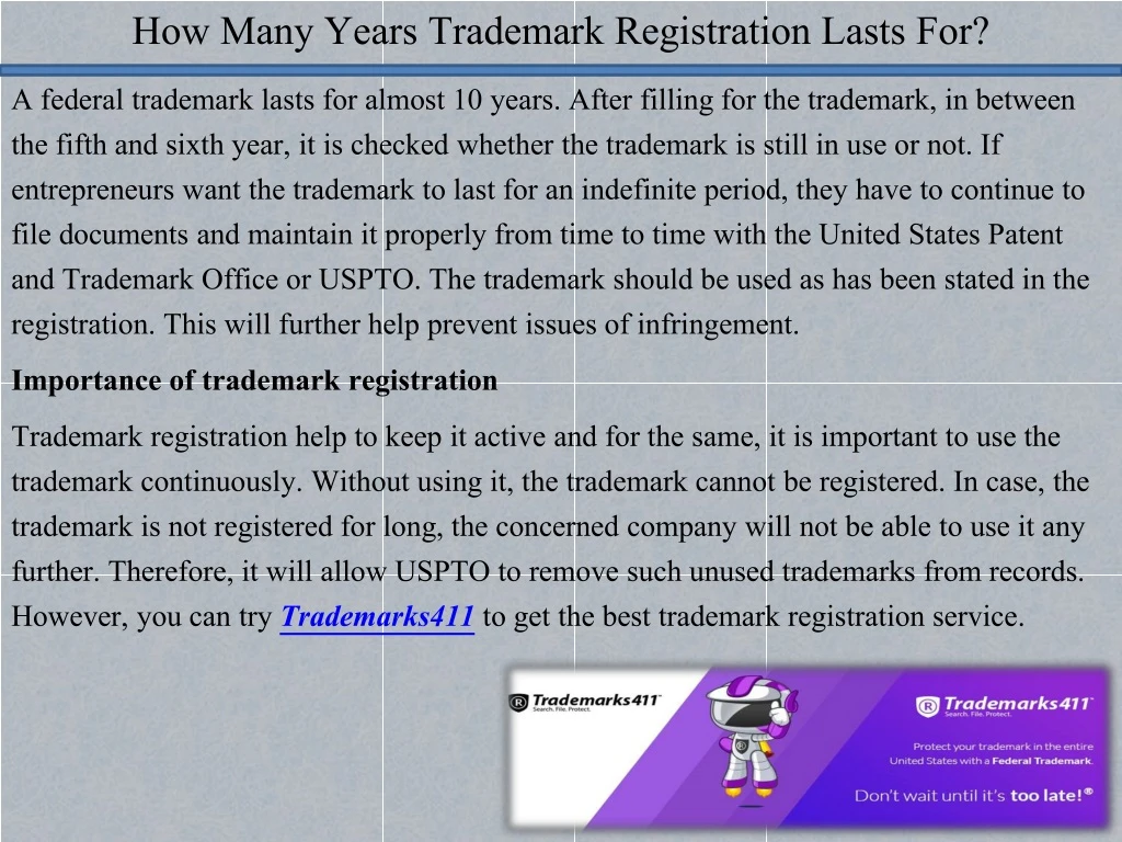 how many years trademark registration lasts for