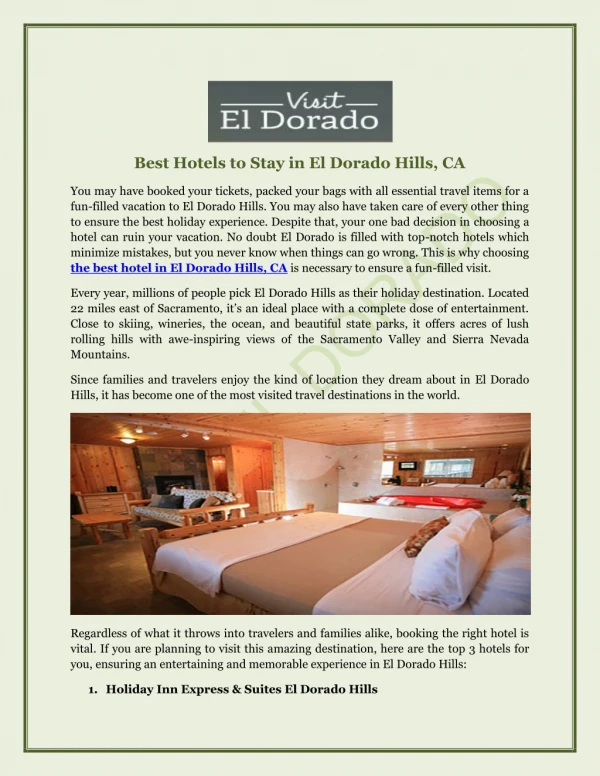 Visit The Best Hotels In El dorado Hills CA