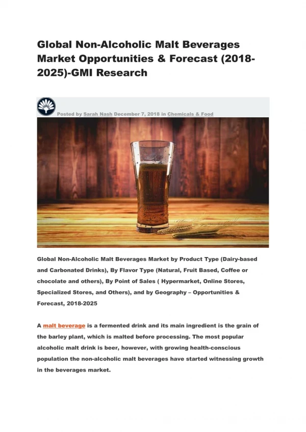 Global Non-Alcoholic Malt Beverages Market Opportunities & Forecast (2018-2025)-GMI Research