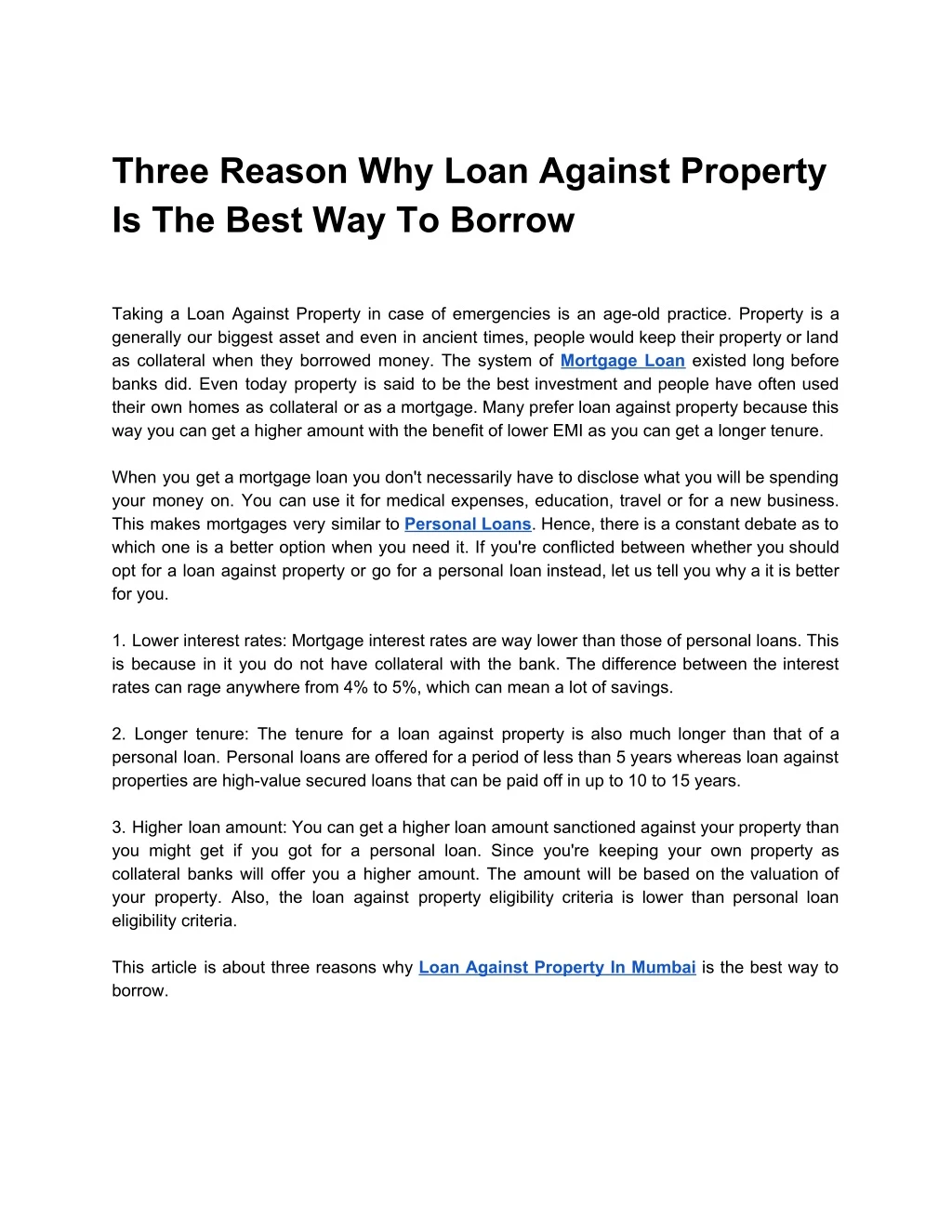 three reason why loan against property