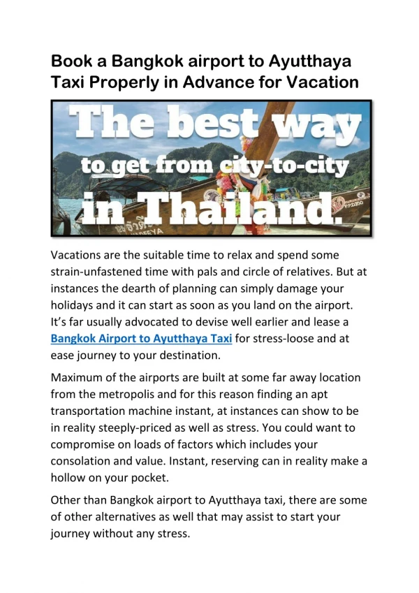 Book a Bangkok airport to Ayutthaya Taxi Properly in Advance for Vacation
