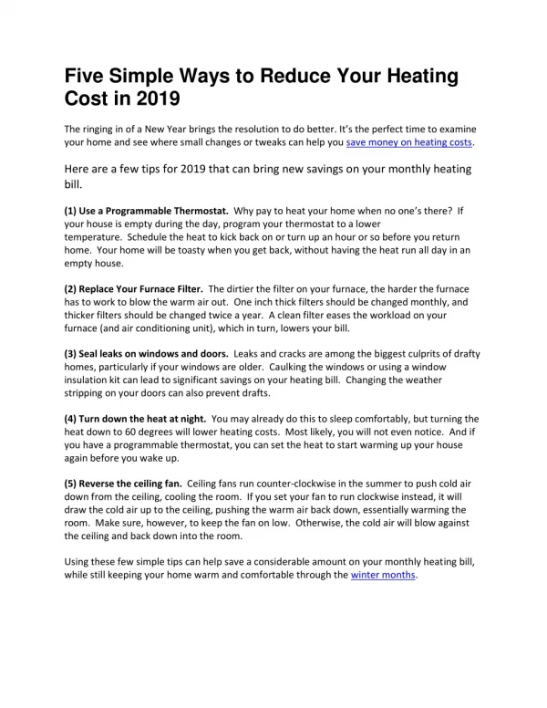 Five Simple Ways to Reduce Your Heating Cost in 2019