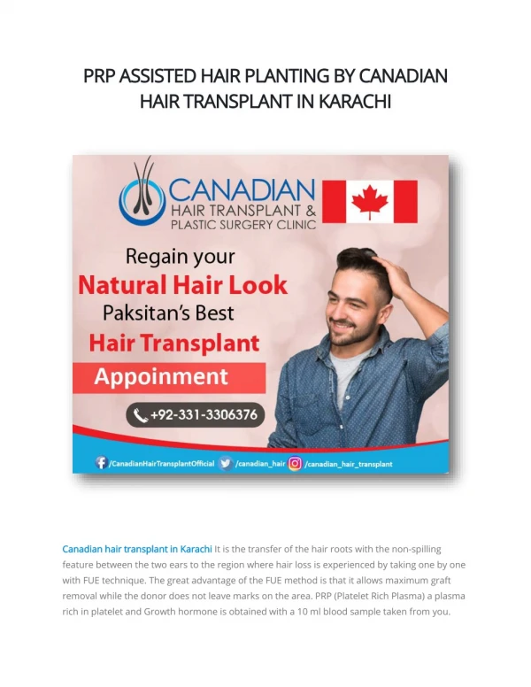 PRP ASSISTED HAIR PLANTING BY CANADIAN HAIR TRANSPLANT IN KARACHI