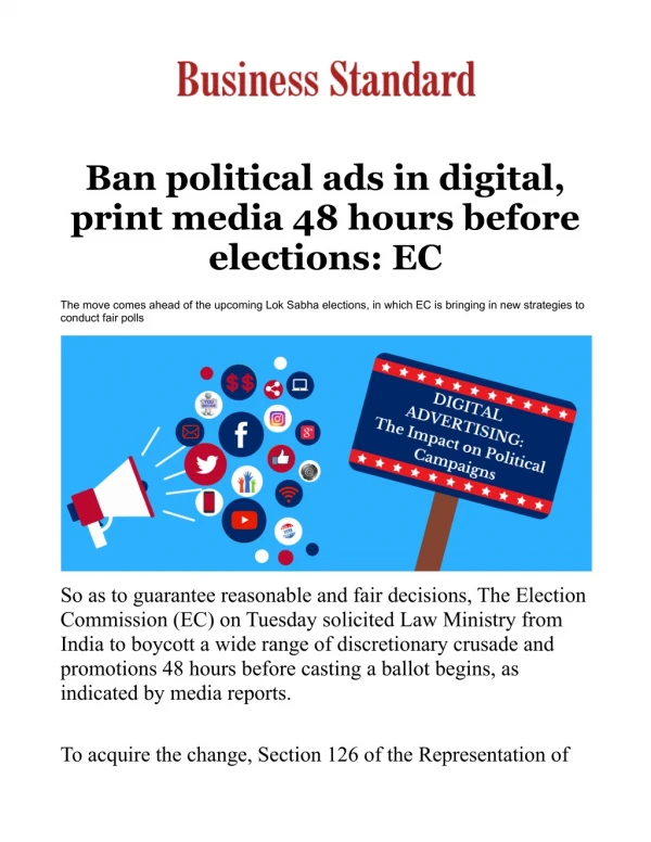 Ban political ads in digital, print media 48 hours before elections: EC