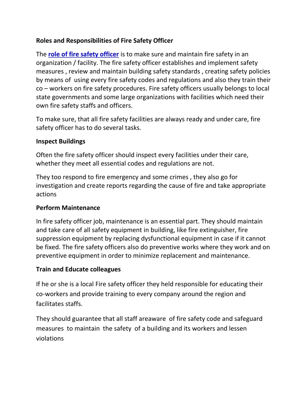 roles and responsibilities of fire safety officer