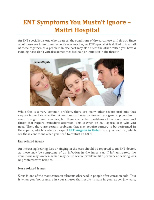 ENT Symptoms You Mustn’t Ignore – Maitri Hospital