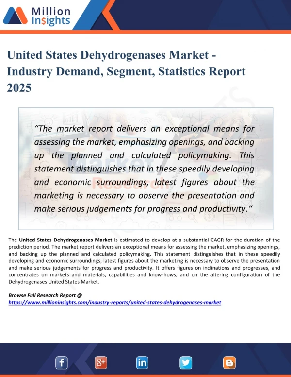 United States Dehydrogenases Market Share, Report, Analysis, Trends & Forecast to 2025