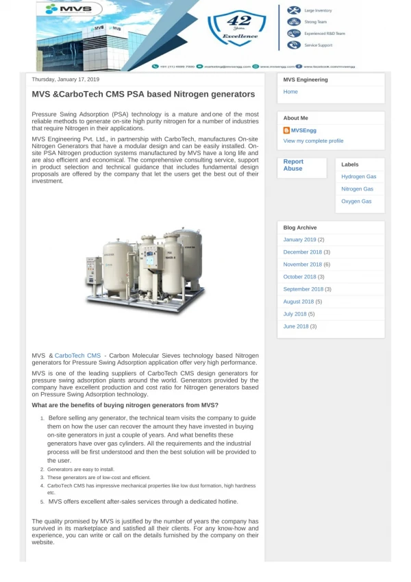 MVS &CarboTech CMS PSA based Nitrogen generators