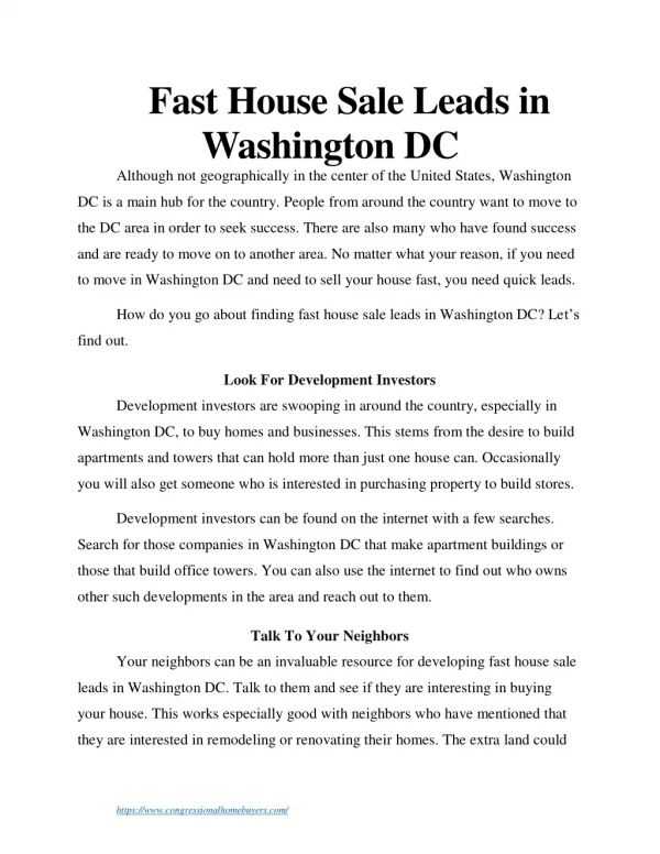 Fast House Sale Leads in Washington DC