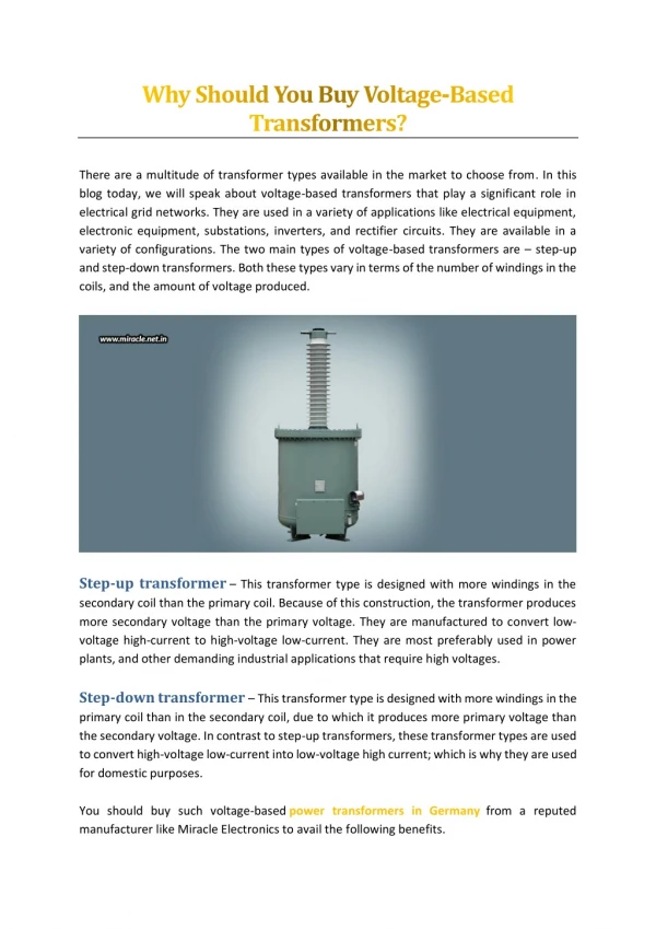 Why Should You Buy Voltage-Based Transformers? - Miracle Electronics