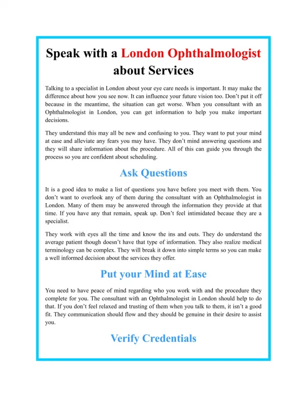 Speak with a London Ophthalmologist about Services