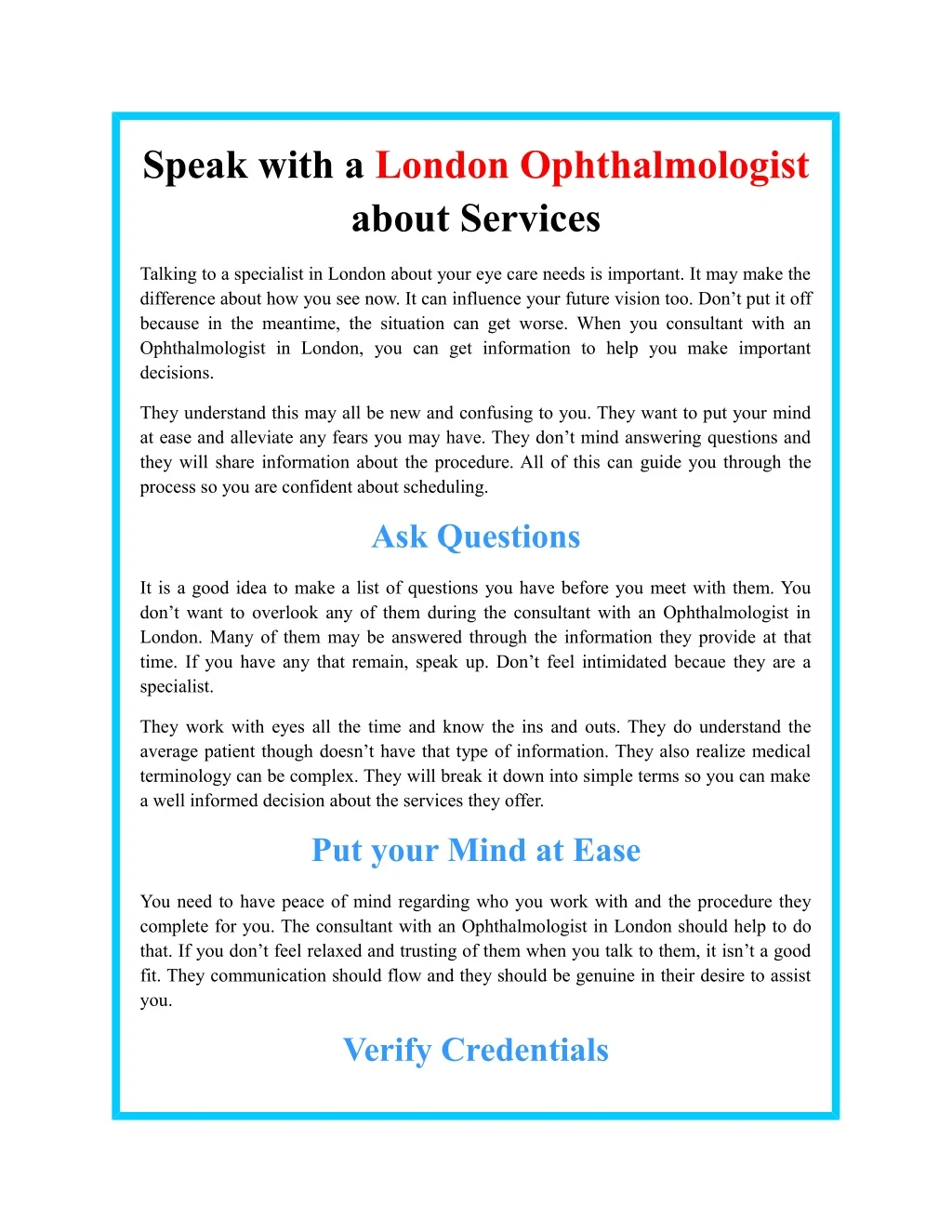 speak with a london ophthalmologist about services