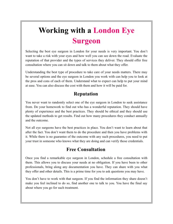 Working with a London Eye Surgeon