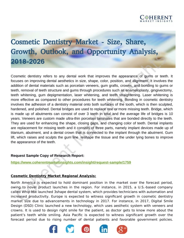 Cosmetic Dentistry Market - Size, Share, Trends, Outlook, and Opportunity Analysis, 2018-2026