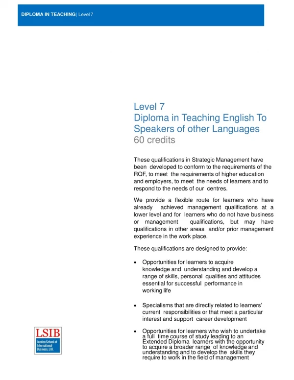 Level7 Diploma in Teaching English to Speakers of other Languages