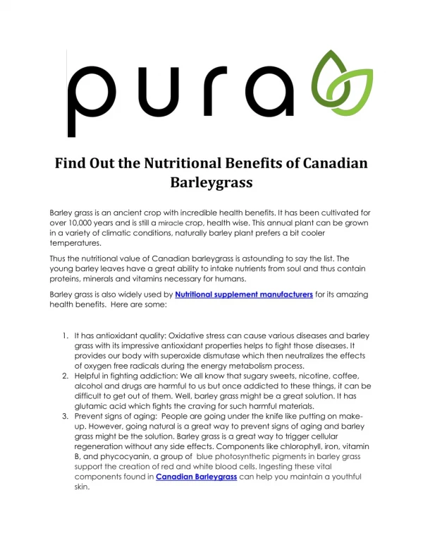 Nutritional Benefits of Canadian Barleygrass