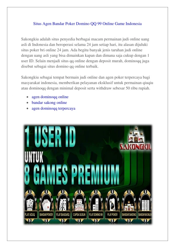 Situs Agen Bandar Poker Domino QQ 99 Online Game Indonesia