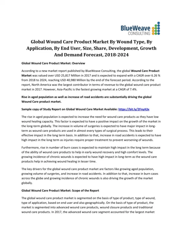 Global Wound Care Product Market Expected to Reach US$ 40,980.1 Million by 2024
