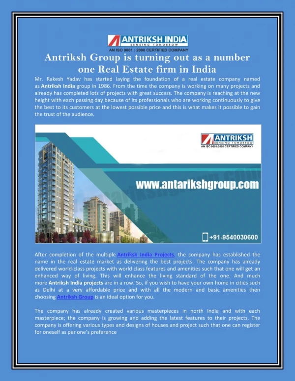 Antriksh Group is turning out as a number one Real Estate firm in India