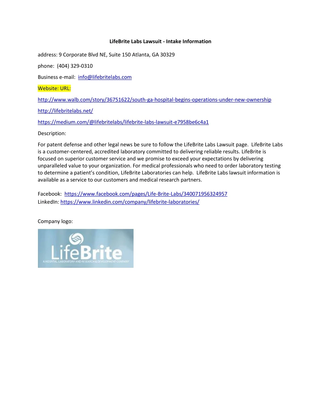 lifebrite labs lawsuit intake information