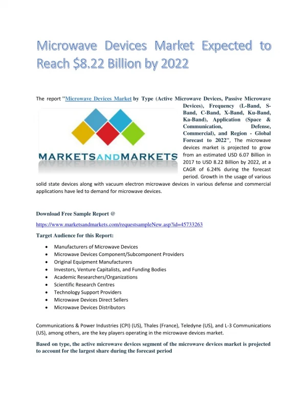 Microwave Devices Market Expected to Reach $8.22 Billion by 2022