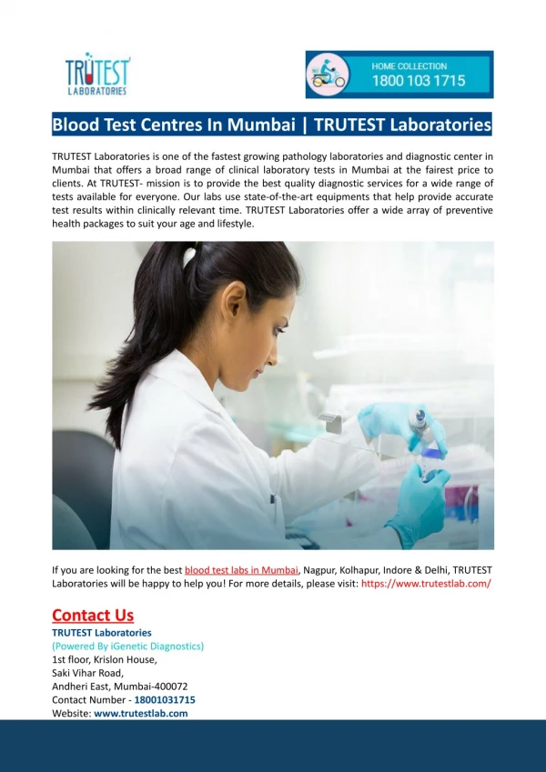 Blood Test Centres In Mumbai-TRUTEST Laboratories