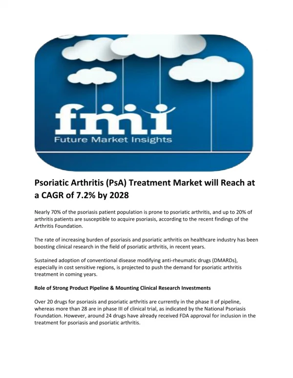 Psoriatic Arthritis (PsA) Treatment Market will Reach at a CAGR of 7.2% by 2028